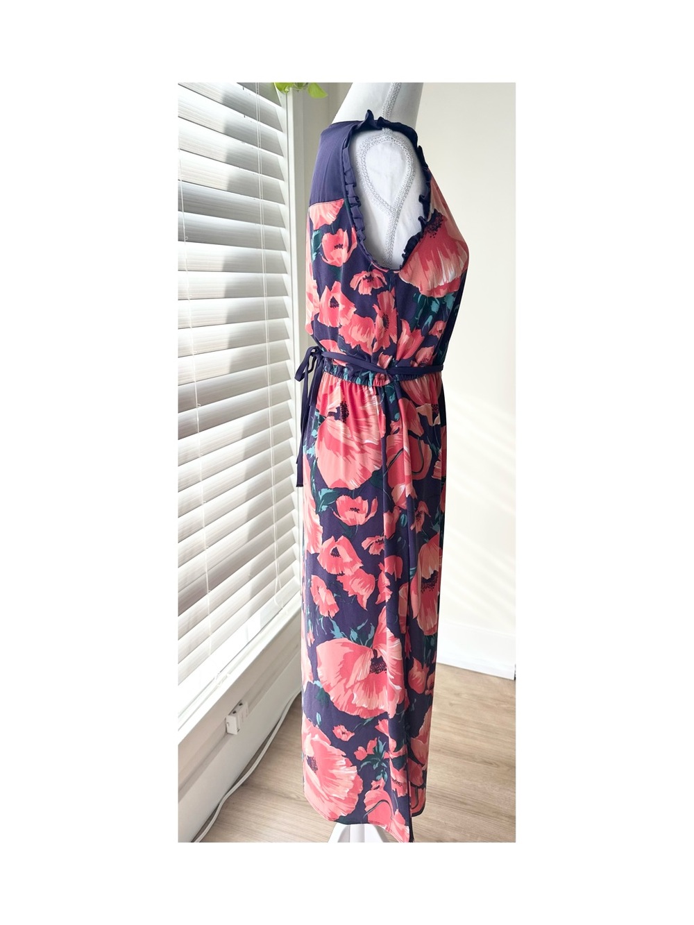 Navy Midi Wrap Dress with Pink Floral Print - Picture 4 of 6